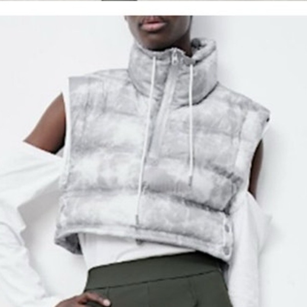 Zara Cropped Puffer Vest Large Gray Tie Dye‎ High Neck Streetwear